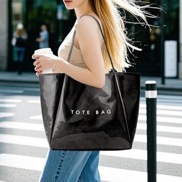Women’s Large PVC Black Tote Bag Oversized Shopper Handbag with Shoulder Straps - Picture 6 of 6